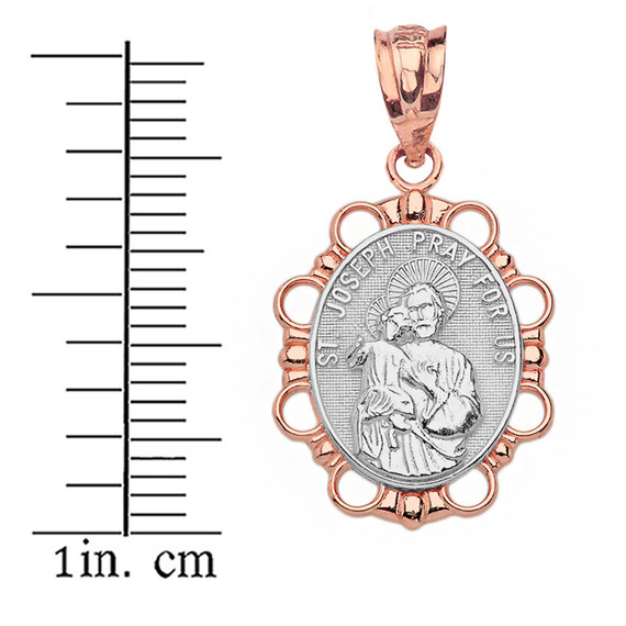 Solid Two Tone Rose Gold Saint Joseph Pendant Necklace