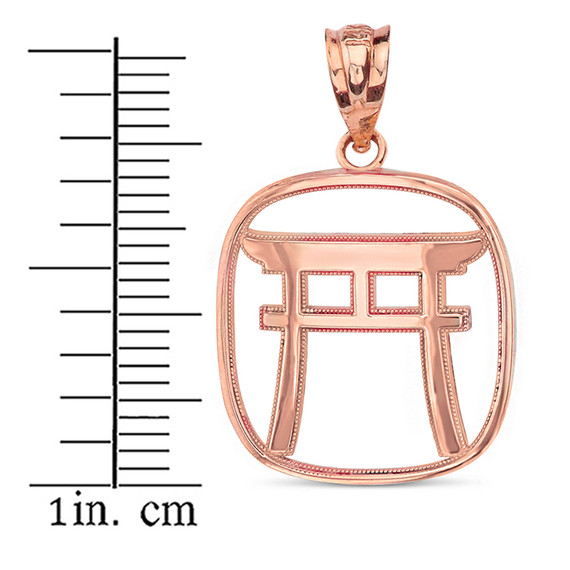 Solid Rose Gold Torii Gate Japanese Symbol Shinto Shrine Pendant Necklace