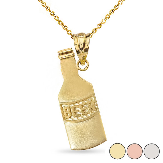 Beer Lovers Beer Bottle Pendant Necklace in Solid Gold (Yellow/Rose/White)