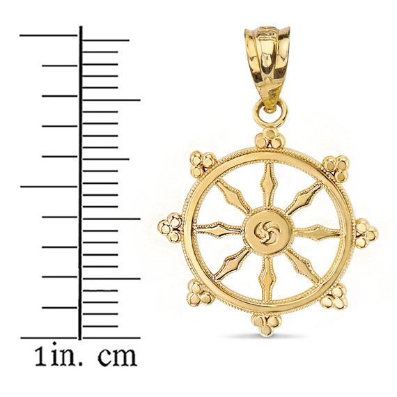 Buddhism Dharmachakra Dharma Wheel Pendant Necklace in Solid Gold (Yellow/Rose/White)