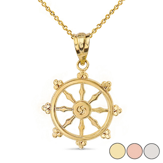 Buddhism Dharmachakra Dharma Wheel Pendant Necklace in Solid Gold (Yellow/Rose/White)