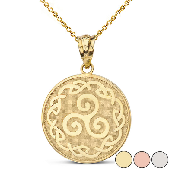 Triskele Triple Spiral Celtic Disc Pendant Necklace in Solid Gold (Yellow/Rose/White)