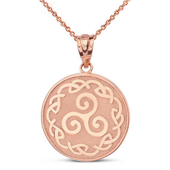 Solid Rose Gold Triskele Triple Spiral Celtic Disc Pendant Necklace