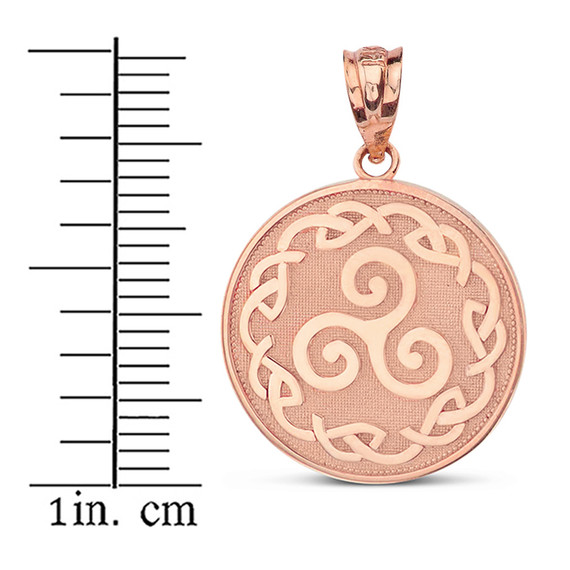 Solid Rose Gold Triskele Triple Spiral Celtic Disc Pendant Necklace