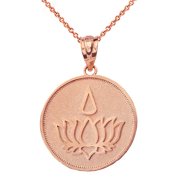 Lotus Flower Blossom with Teardrop Disc Pendant Necklace in Solid Gold (Yellow/Rose/White)