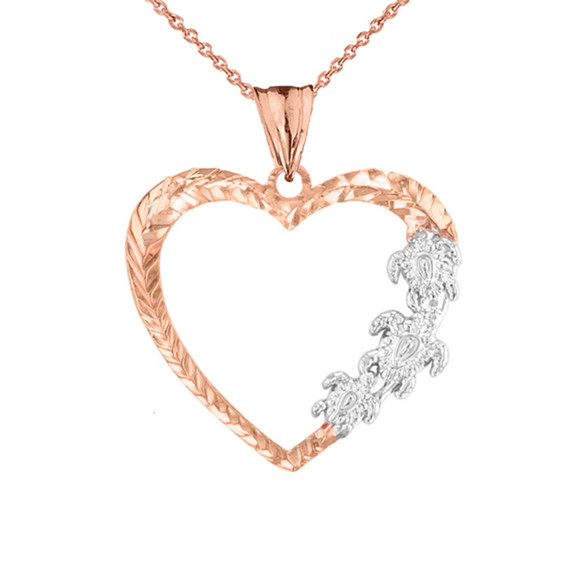 Hawaiian Honu Turtles  Heart Pendant Necklace in Two-Tone Rose Gold