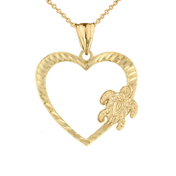 Honu Hawaiian Turtle  Heart Pendant Necklace in Yellow Gold