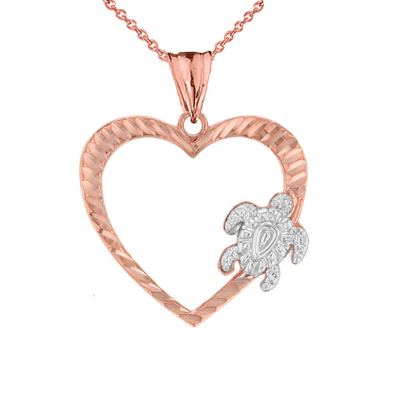 Gold Honu Hawaiian Turtle  Heart Pendant Necklace(Available In Yellow/Rose/White Gold)