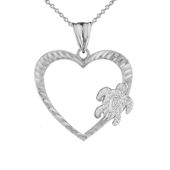 Honu Hawaiian Turtle  Heart Pendant Necklace in Sterling Silver