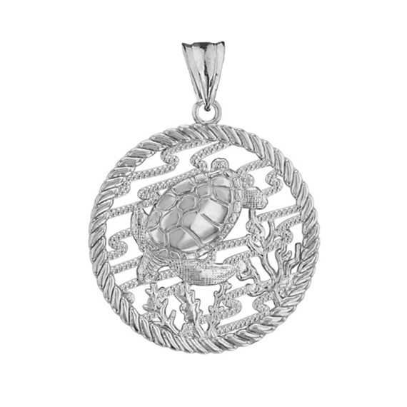 Honu Sea Turtle On Seashore in Rope Pendant Necklace in Sterling Silver