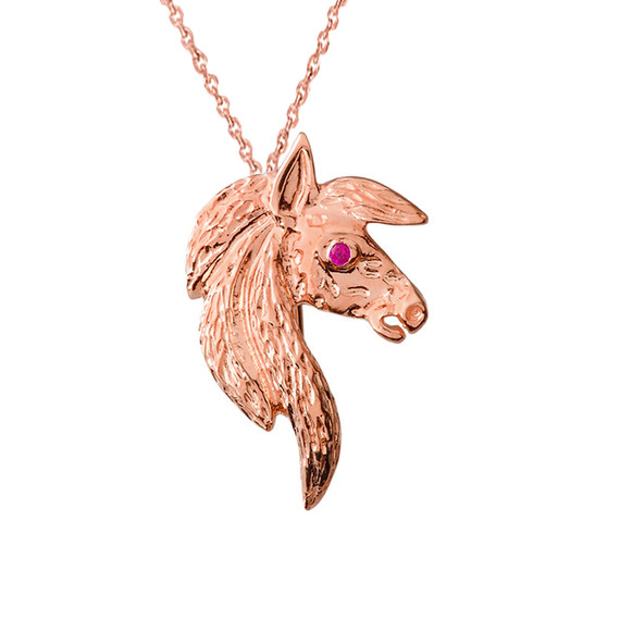 Exquisite Ruby Eyed Horse Pendant Necklace in Rose Gold