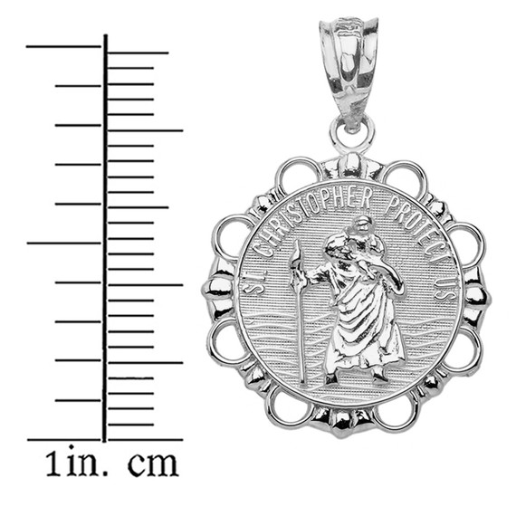 Solid White Gold Round Saint Christopher Pendant Necklace