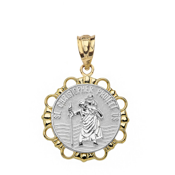 Solid Two Tone Yellow Gold Round Saint Christopher Pendant Necklace