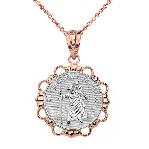 Solid Two Tone Rose Gold Round Saint Christopher Pendant Necklace