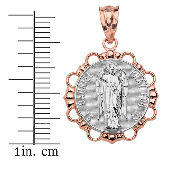 Solid Two Tone Rose Gold Round Saint Gabriel Pendant Necklace