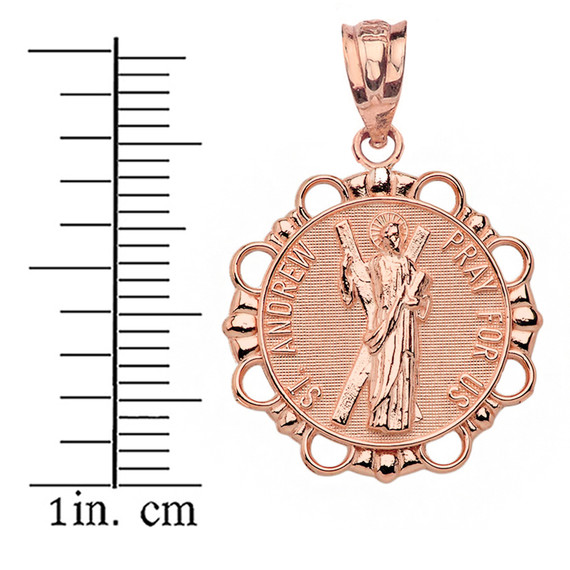 Solid Rose Gold Round Saint Andrew Pendant Necklace