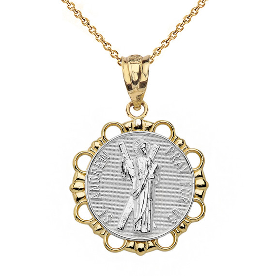 Solid Two Tone Yellow Gold Round Saint Andrew Pendant Necklace