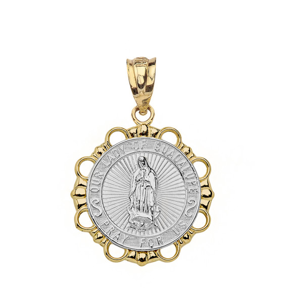 Solid Two Tone Yellow Gold Round Our Lady Of Guadalupe Pendant Necklace