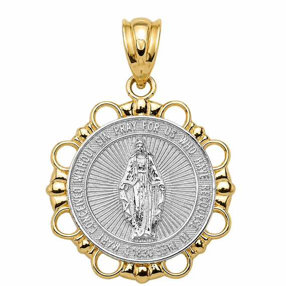 Gold Round Saint Mary Pendant Necklace  (Available In Yellow/Rose/White/Two Tone Gold Gold)