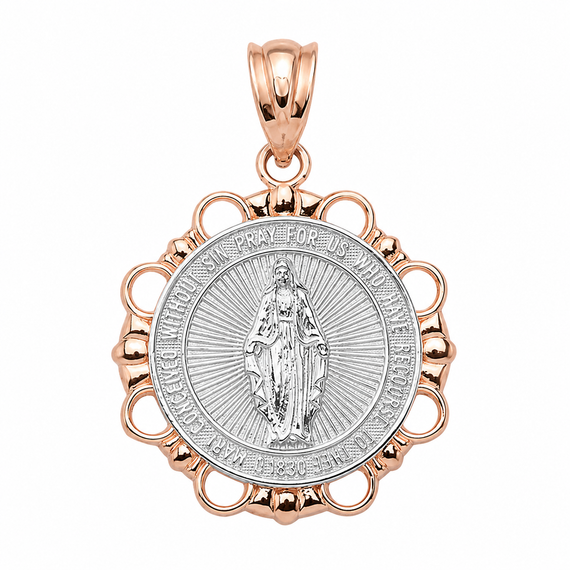 Gold Round Saint Mary Pendant Necklace  (Available In Yellow/Rose/White/Two Tone Gold Gold)