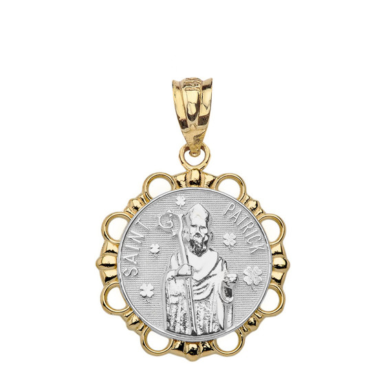 Solid Two Tone Yellow Gold Round Saint Patrick Pendant Necklace