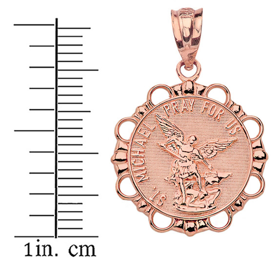 Solid Rose Gold Round Saint Michael Pendant Necklace