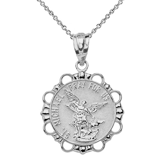 Sterling Silver Round Saint Michael Pendant Necklace