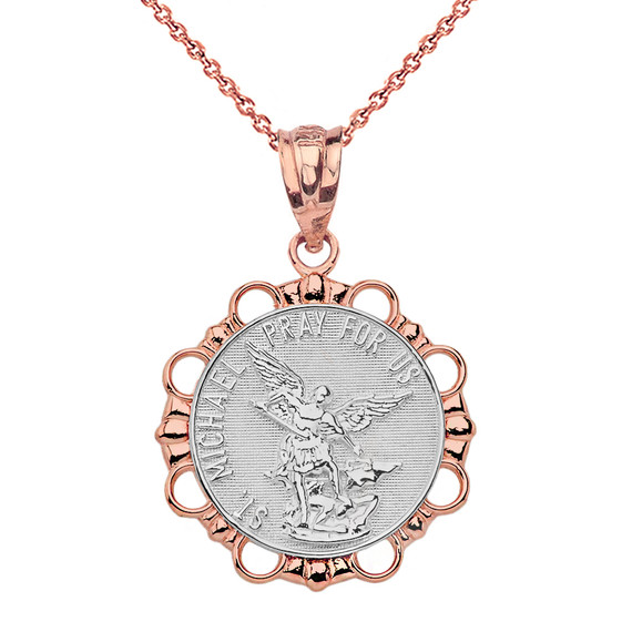 Solid Two Tone Rose Gold Round Saint Michael Pendant Necklace