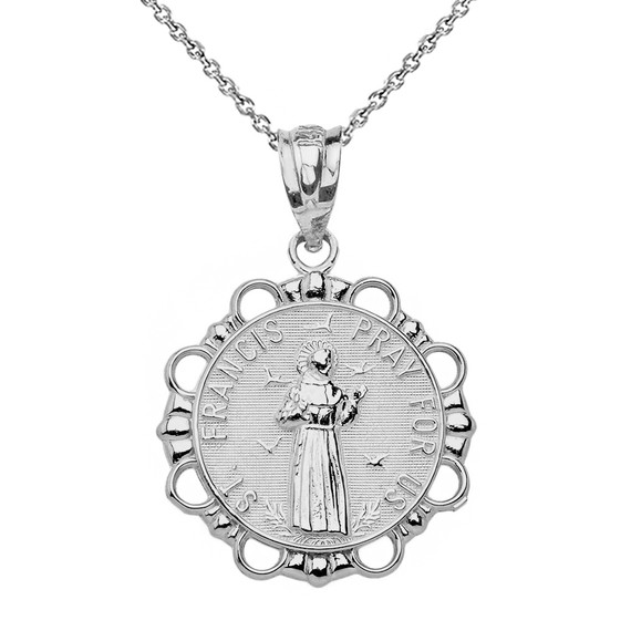 Sterling Silver Round Saint Francis Pendant Necklace