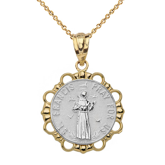 Solid Two Tone Yellow Gold Round Saint Francis Pendant Necklace