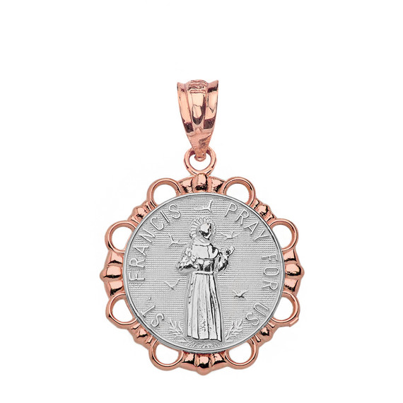 Solid Two Tone Rose Gold Round Saint Francis Pendant Necklace