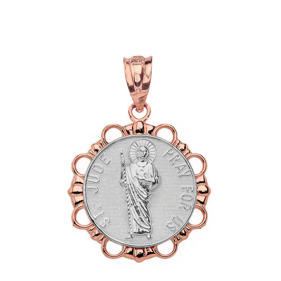 Solid Two Tone Rose Gold Round Saint Jude Pendant Necklace