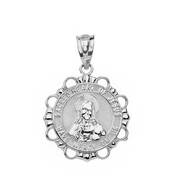 Solid White Gold Round Sacred Heart Pendant Necklace