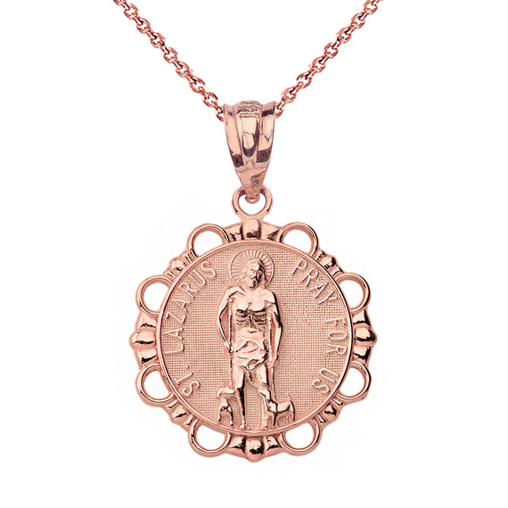 Solid Rose Gold Round Saint Lazarus Pendant Necklace