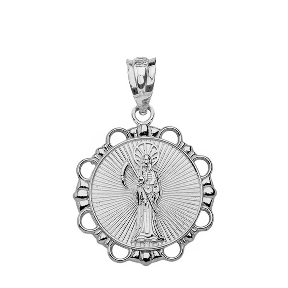 Solid White Gold Round Santa Muerte Pendant Necklace