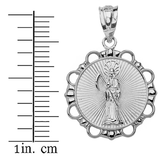 Sterling Silver Round Santa Muerte Pendant Necklace