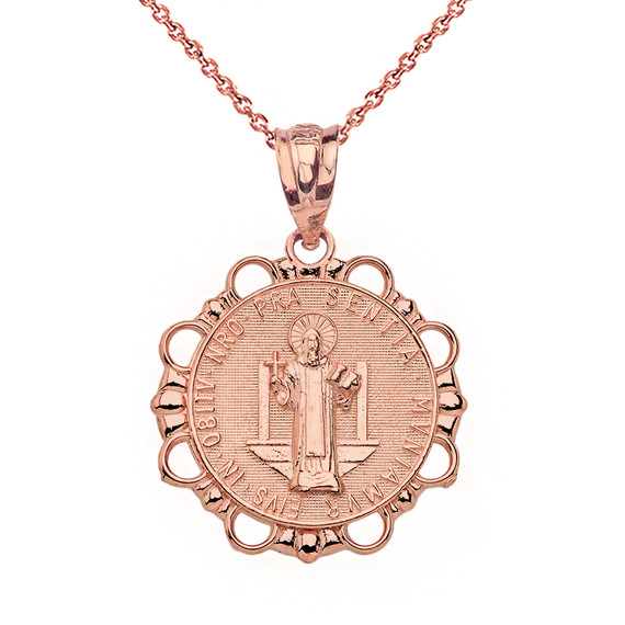 Solid Rose Gold Round Saint Benito Pendant Necklace