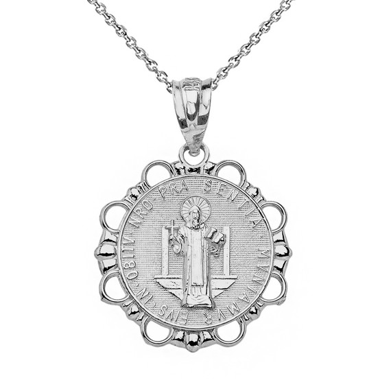 Solid White Gold Round Saint Benito Pendant Necklace