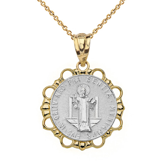 Solid Two Tone Yellow Gold Round Saint Benito Pendant Necklace