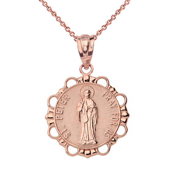 Solid Rose Gold Round Saint Peter Pendant Necklace