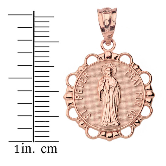 Solid Rose Gold Round Saint Peter Pendant Necklace