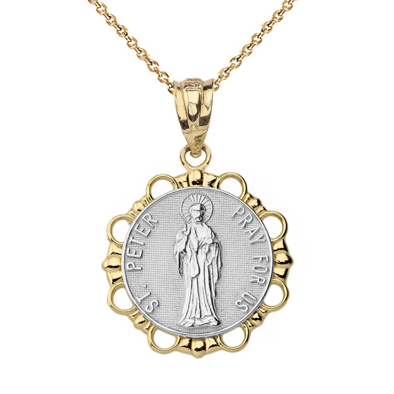 Solid Two Tone Yellow Gold Round Saint Peter Pendant Necklace
