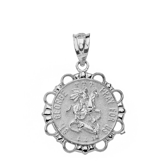 Solid White Gold Round Saint George Pendant Necklace