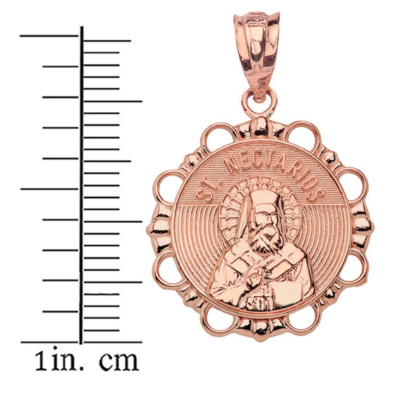 Solid Rose Gold Round Saint Nectarios Pendant Necklace