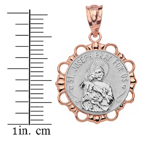 Solid Two Tone Rose Gold Round Saint Joseph Pendant Necklace