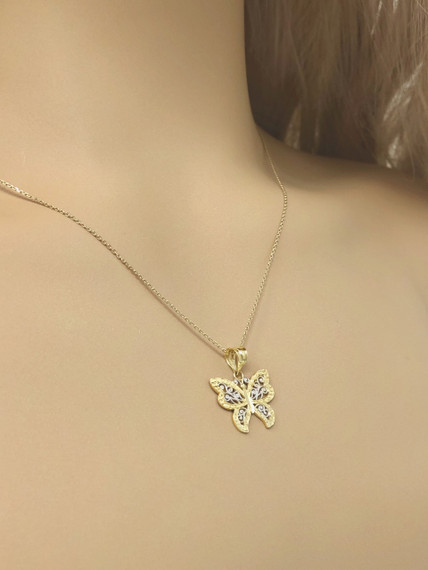 Filigree Butterfly Pendant Necklace in Two-Tone Yellow Gold