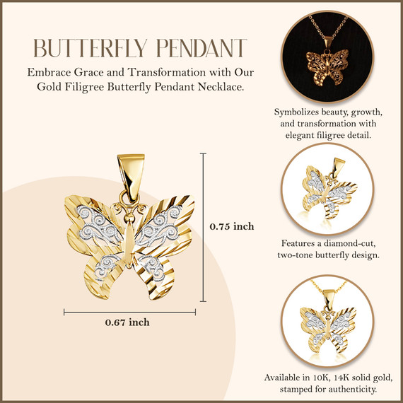 Solid Gold  Butterfly Pendant Necklace in Two-Tone (Available in Yellow/Rose/White)