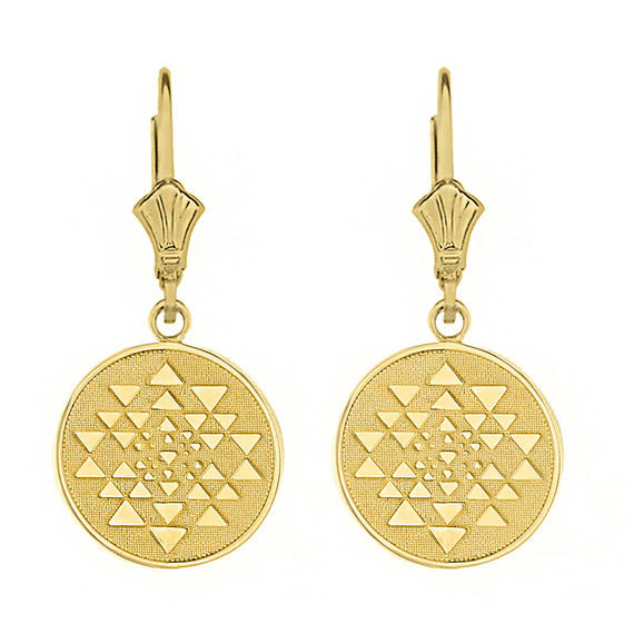 Solid Gold Yantra Tantric Indian Yoga Disc Circle Earring Set(Available in Yellow/Rose/White Gold)