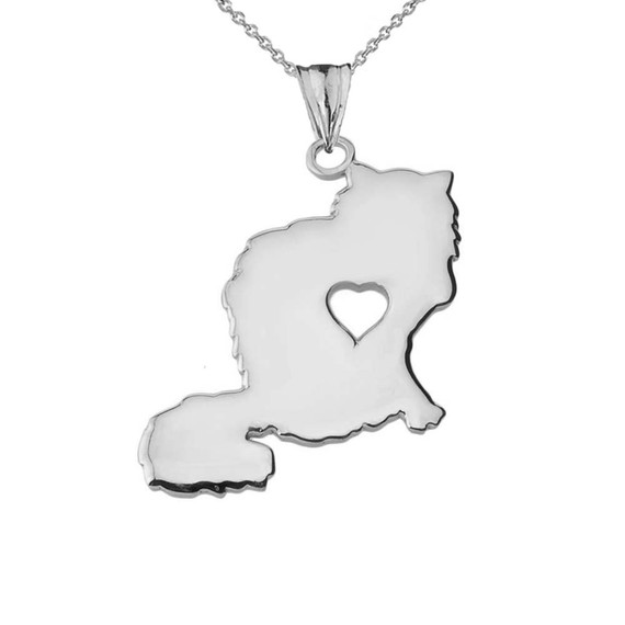 Fluffy Cat with Cutout Heart Silhouette Pendant Necklace in White Gold