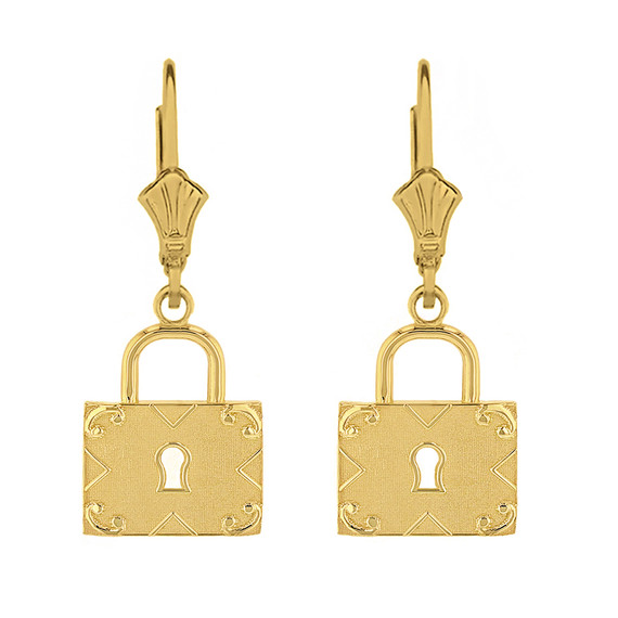 Solid Gold  Swirl Rectangle Keyhole Padlock Earring Set(Available in Yellow/Rose/White Gold)